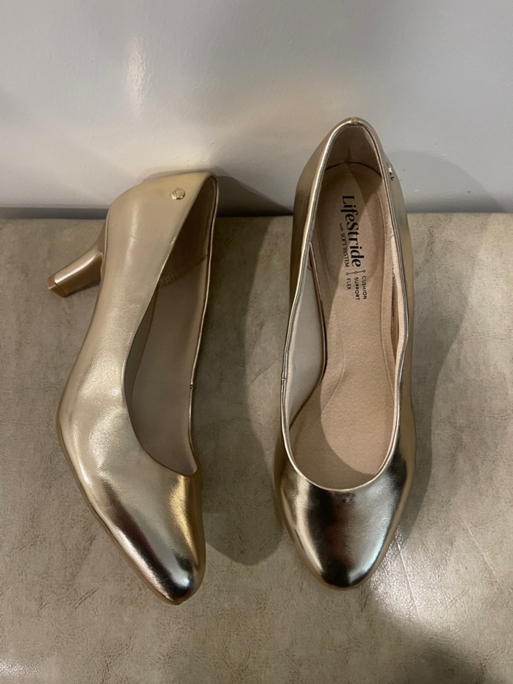 Life Stride Gold Metallic Mid Heel Pumps